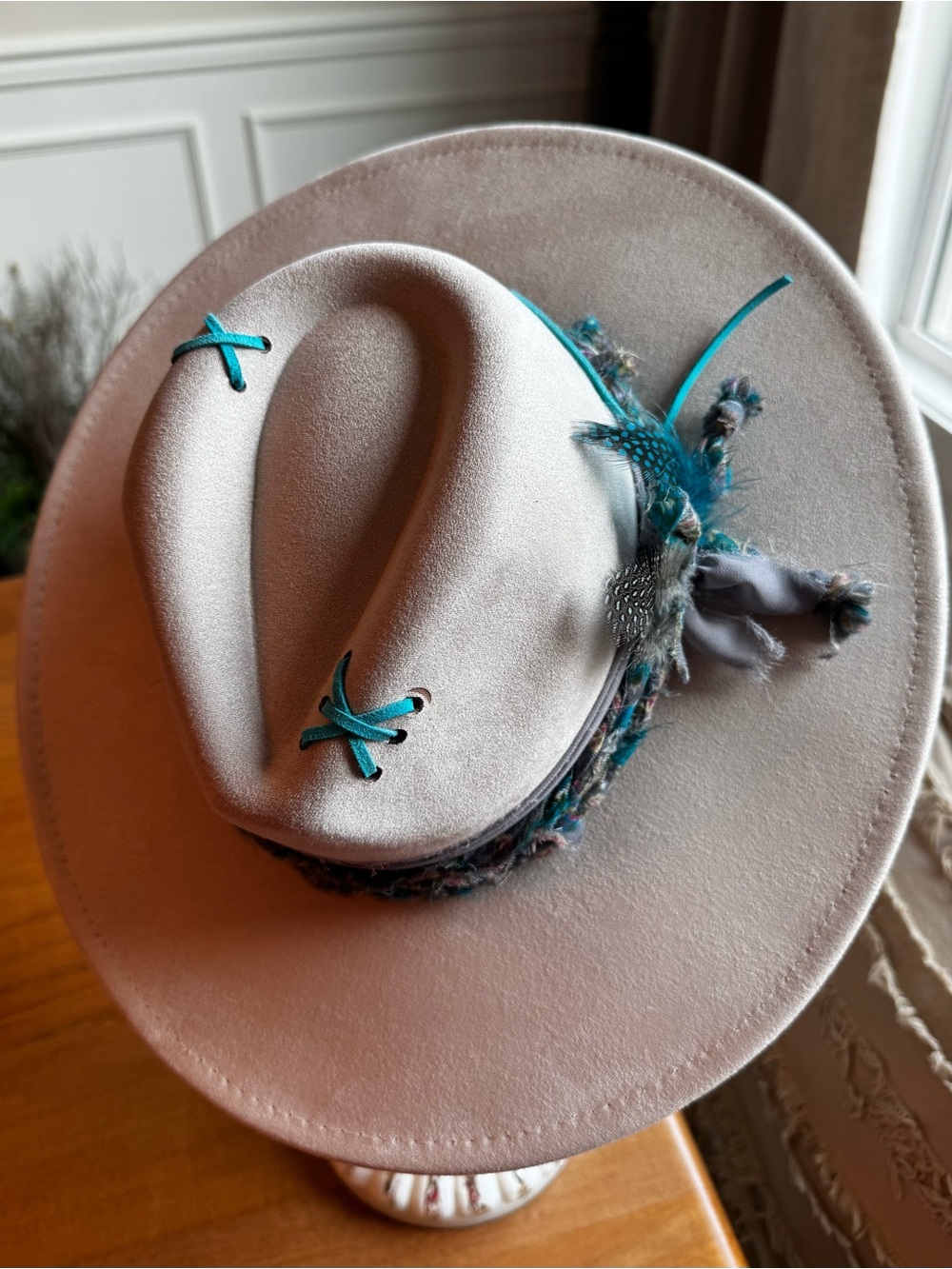 Hand Crafted Cream Vegan Suede Wide Brim Hat with Teal/Gray Accents - Picture 11 of 11